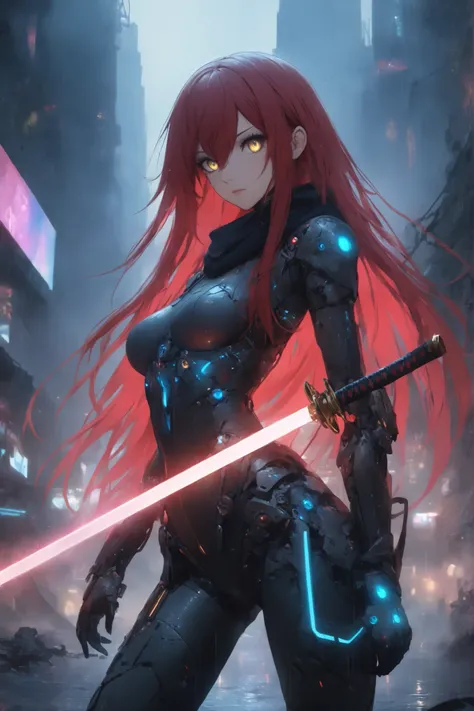1 woman , golden eyes , very long hair , long sidelocks, red hair, petite , very cute , beautiful ,Straight hair, cool, handsome, hair between eyes, sexy, medium large breast,  glowing eyes, black bodysuit, android girl, empty expression, wet, long flowing...