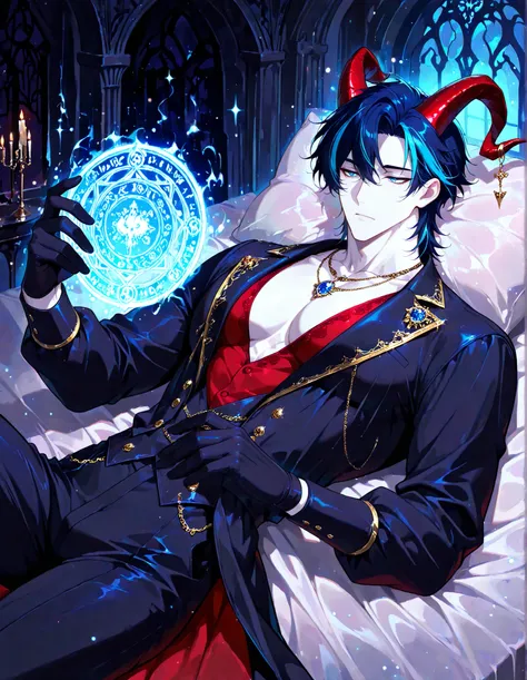 (masterpiece, best quality, highly detailed, mature) 1 man, solo, male focus, (streaked hair:1.5), dark blue hair, blue hair, short hair, blue eyes, necklaces, sexy man, handsome, solo, mature, sensual, pale skin, lean, cool, black gloves, victorian cloth...