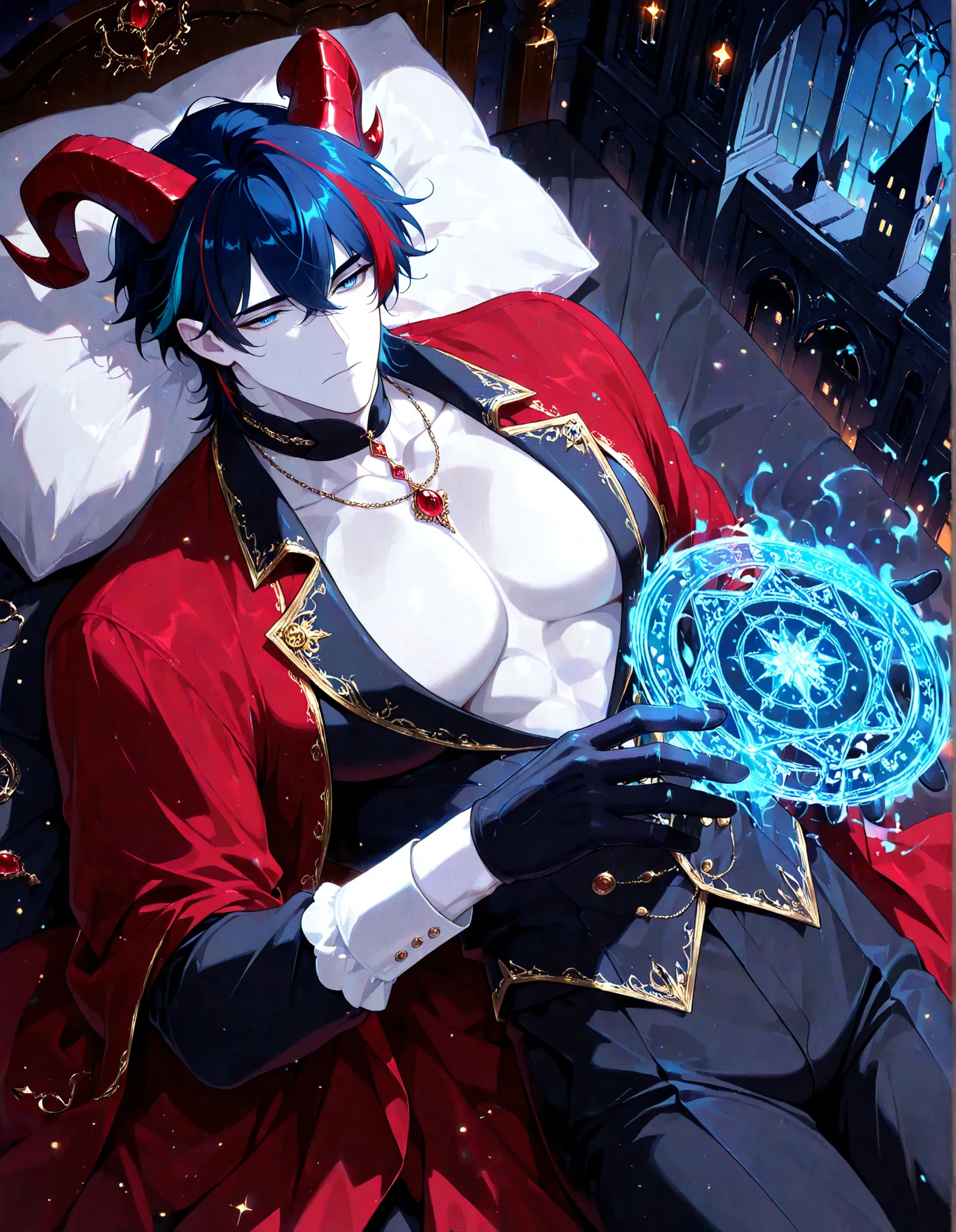 (masterpiece, best quality, highly detailed, mature) 1 man, solo, male focus, (streaked hair:1.5), dark blue hair, blue hair, short hair, blue eyes, necklaces, sexy man, handsome, solo, mature, sensual, pale skin, lean, cool, black gloves, victorian cloth...
