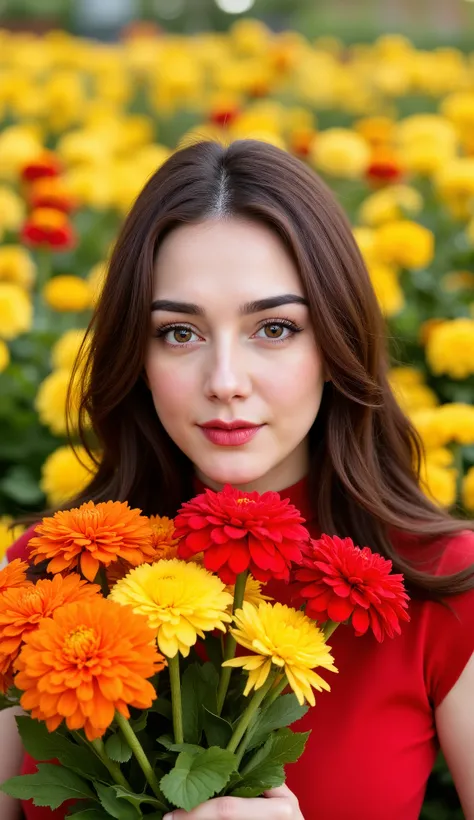 Red and yellow flowers that are as bright as the sun and cheer up those around them、A pretty 40-year-old woman with chocolate-colored bob hair and half-moon eyes holding a bouquet of colorful flowers, including orange.