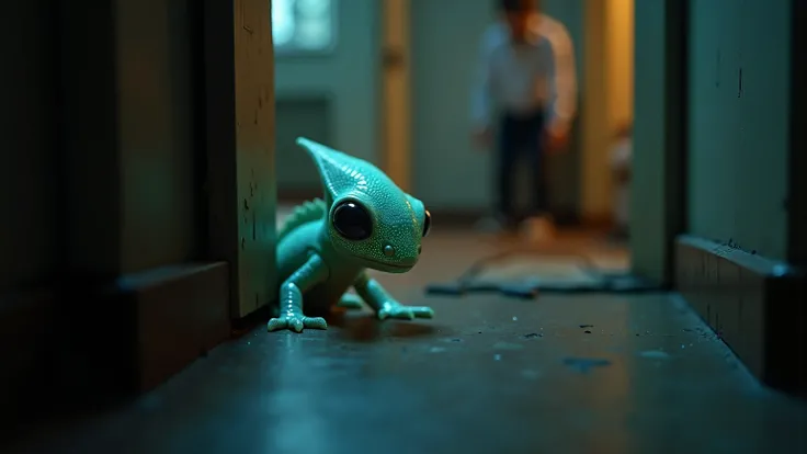 Capture a cinematic close-up of a small extraterrestrial creature blending seamlessly into the surroundings, its unique features allowing it to remain undetected. The alien, with chameleon-like textures and faintly glowing bioluminescent patterns, is hidde...