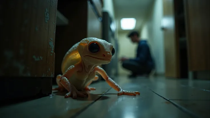 Capture a cinematic close-up of a small extraterrestrial creature blending seamlessly into the surroundings, its unique features allowing it to remain undetected. The alien, with chameleon-like textures and faintly glowing bioluminescent patterns, is hidde...