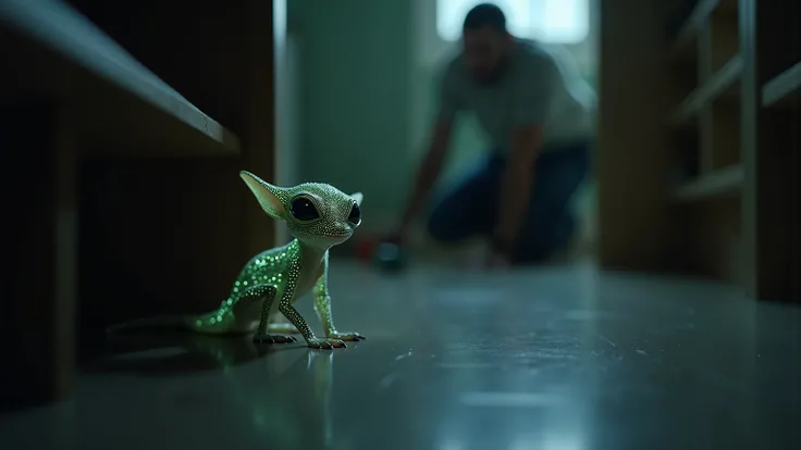 Capture a cinematic close-up of a small extraterrestrial creature blending seamlessly into the surroundings, its unique features allowing it to remain undetected. The alien, with chameleon-like textures and faintly glowing bioluminescent patterns, is hidde...