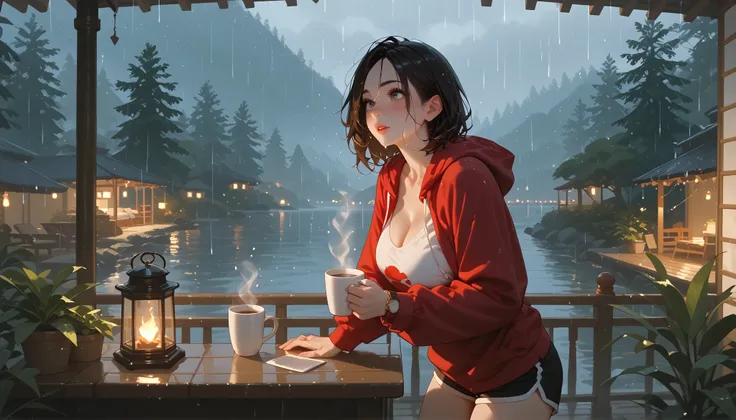 A girl with a nice body and nice breasts lounges under a thatched beach cabana, her perfect face softly lit by a warm lantern. Rain falls gently around her as she sips hot coffee, wearing a loose hoodie and shorts. Her perfect eyes watch the raindrops slid...