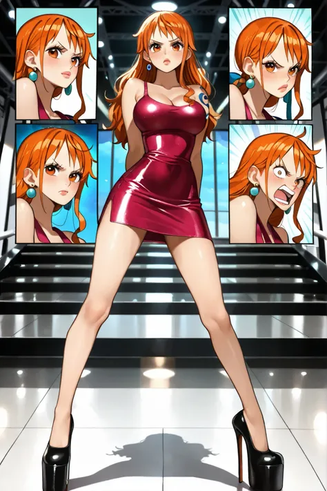 punteggio_9, punteggio_8_su, punteggio_7_su, (1 ragazza, Nami da One Piece, magra, long orange hair, orange eyes, nuda, g string, round , Nami's detailed face, Big pink lips,  long eyelashes , angry expression, gambe magre, super high platform heels, stand...