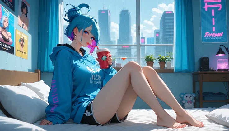 A girl with a nice body and nice breasts sits on a cozy bed surrounded by purple and blue neon lights, rain trickling on the large window beside her. She wears an oversized hoodie and shorts, sipping hot coffee, her perfect eyes glowing slightly in the neo...