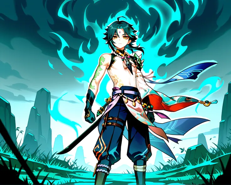 Xiao, from the video game Genshin Impact, wicked, ominous aura, In a wasteland full of s, epic image,