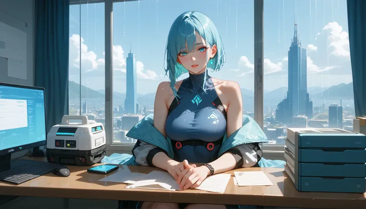 A girl with a nice body and nice breasts sits in front of an AR desk setup, coding with holographic panels floating mid-air. Her perfect eyes scan quickly, her perfect face illuminated by cyan light. She wears a cyberpunk visor and sleeveless jacket, while...