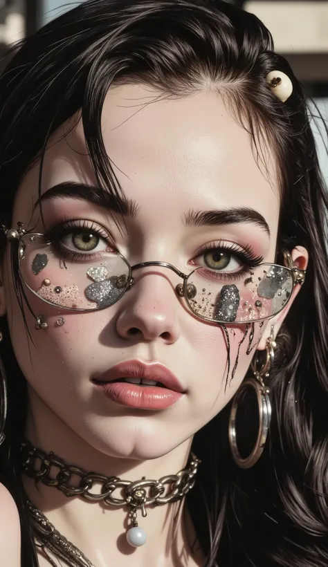 ((centered image,  a close up of a beautiful woman with exaggerated features caricaturized in the kawaii style  :1.52,  thick and plump lips with kissable glitter  ,  large with glitter and reflections  ,  false eyelashes and long eyes  :1.5 , Beautiful fa...