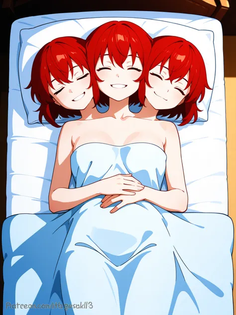 anime girl with three heads, conjoined, short red hair, eyes closed, naked, lying in bed, asleep, satisfied, view from above