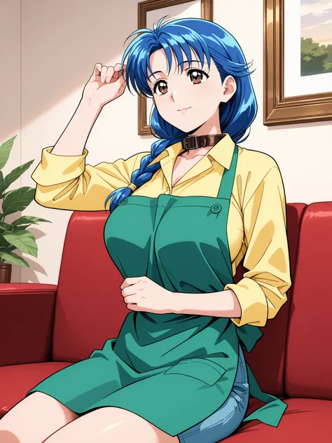sleeveless,naked apron,general,high resolution, Ultra Details,very aesthetic,Highest Quality ,best arm,  BREAK Narusawa Misako, blue hair, long hair, brown eyes in the bedroom, big breasts,
 1 girl, solo, green apron, indoor, braid, Sofa, yellow shirt, 
vi...