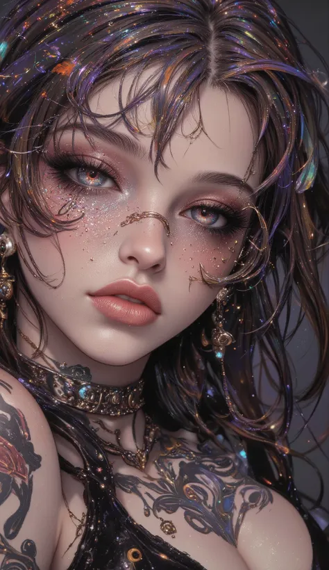 ((centered image,  a close up of a beautiful woman with exaggerated features caricaturized in the kawaii style  :1.52,  thick and plump lips with kissable glitter  ,  large with glitter and reflections  ,  false eyelashes and long eyes  :1.5 , Beautiful fa...