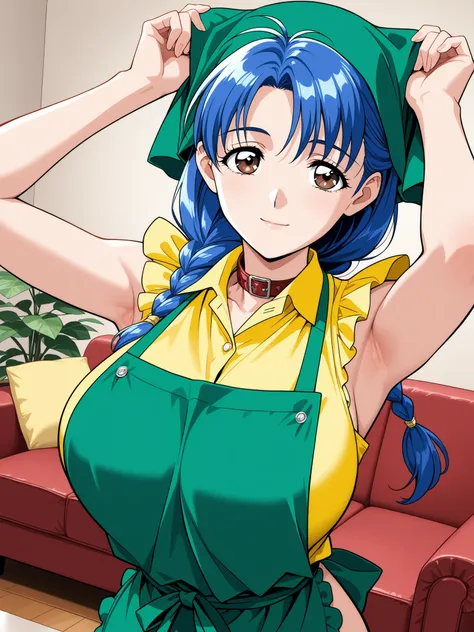 (sleeveless,naked apron,armpits),general,high resolution, Ultra Details,very aesthetic,Highest Quality ,best arm,  BREAK Narusawa Misako, blue hair, long hair, brown eyes in the bedroom, big breasts,1 girl, solo, green apron, indoor, braid, Sofa, yellow sh...