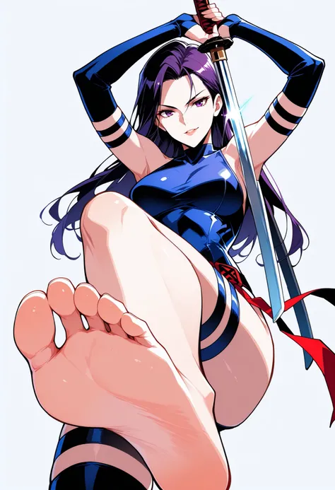 score_9 , score_8_up , score_7_up , source_cartoon , prefect lighting , very aesthetic , intricate details , score_9 , score_8_up , score_7_up , solo , source_anime , 1girl , illustration , psylocke , leotard , thigh highs , elbow gloves , belt , katana , ...