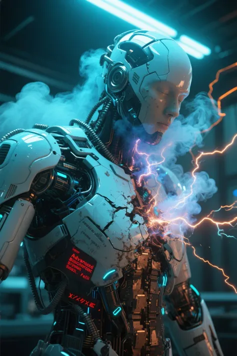 ultra-fine sci-fi close-up,Advanced Bionic,collapse,Fall，broken graphene armor exudes liquid coolant，exposed quantum circuit bursts an unstable plasma electric。indigo smoke pouring out of thoracic fissures，optical sensor flashes an unstable plasma electric。
smoldering laboratory crushing force field and emergency foam。optical sensor flickers between blood red error codes and dead blue glow {x} lighting in a cold ultraviolet sterilization beam and disturbing orange short circuit intermittent oscillations。surgical titanium white vs radioactive cyan vs burnt copper。