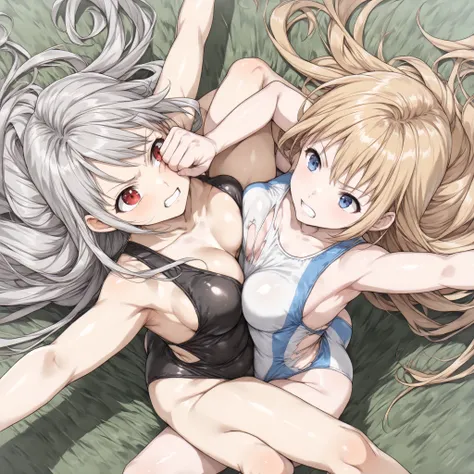 PDXL,  Charlotte, turquoise fantasy, dwarf,grass background,  dynamic pose, blonde,long hair，Gray hair blue eyes，，red eyes，Swimsuit， ((2girls))，top  view，,twins，VS，side，Clothes torn ，
(Two fighting))，outstretched arms， Both legs crossed ，body to body conta...