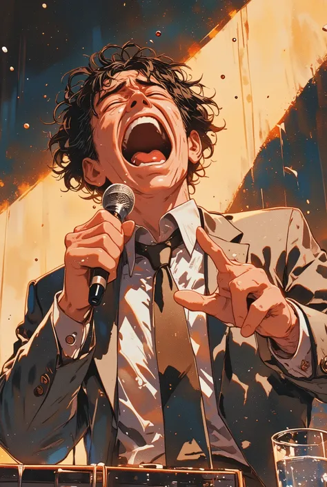 a middle-aged man with messy hair and visible wrinkles, wearing a wrinkled business suit and a loosened tie, gripping a microphone tightly with both hands, singing with eyes closed and tears streaming down his flushed cheeks, his mouth wide open in passion...
