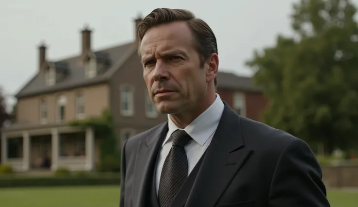 A serious man in an expensive suit. white shirt, dark tie. In the background is an elite cottage. Close-up.