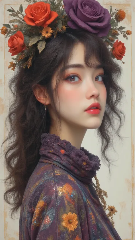The character's clothes are made of metal and plastic,futuristic cyberpunk 20-year-old goddess,Highly detailed portrait of a semi-robot,Real eyes,Realistic face,are partially obscured by a complex weathered cyberpunk headdress,, blue-purple messy hair,tied...