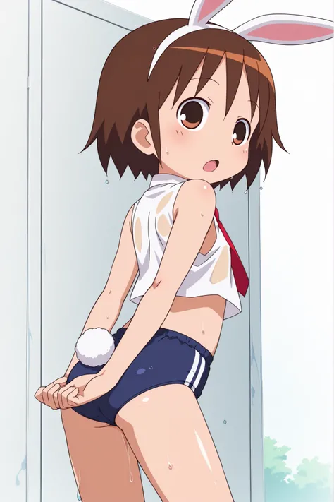 (((anime style))),score_9, score_8_up, score_7_up, source_anime,(((school festival))),
yasuna,1girl, ((solo)),((light blue buruma)),((((white business shirt)))),((((sleeveless)))),((wet clothes)),nipple,red tie,((white sox)),brown loafers,((white Bunny's e...