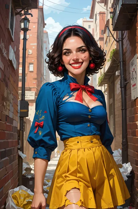 A rebellious version of Snow White stands in a dimly lit, messy urban alley. She maintains her iconic traditional outfit: a bright yellow skirt paired with a blue top and red ribbon in her hair, but with a rebellious twist. The dress is slightly torn at th...