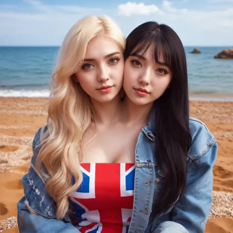 best resolution,2girls with two heads, caucasian woman and japanese woman, different eye colors, brown eyes, blue eyes, different hair color, blonde hair, black hair, different faces, different facial expressions, denim jacket, union jack top, beach backgr...