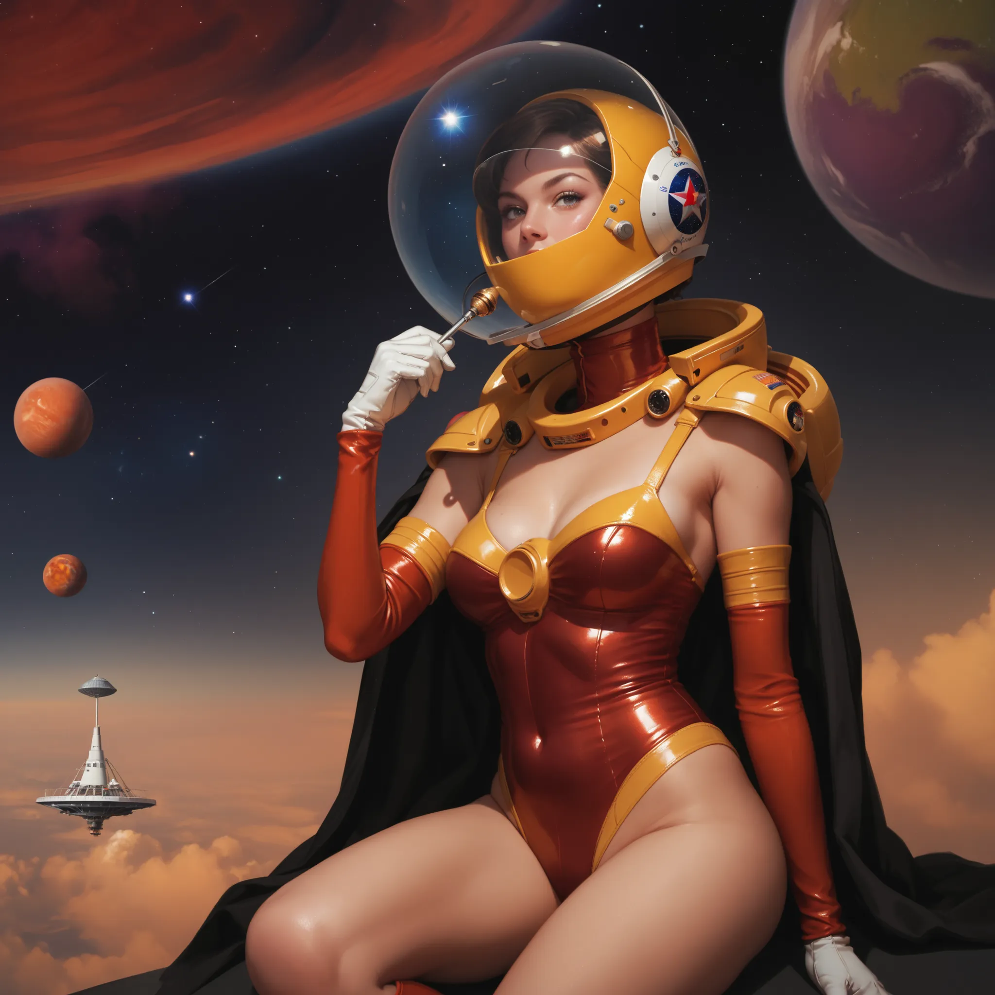 score_9, score_8_up, score_7_up, score_6_up, score_5_up, score_4_up, woman, sitting, holding a saturn planet, yellow and red outfit, leotard, thighhighs, arm sleeves, black cape, astronaut glass helmet, looking at viewer, moving cloud, golden cosmic cloud,...