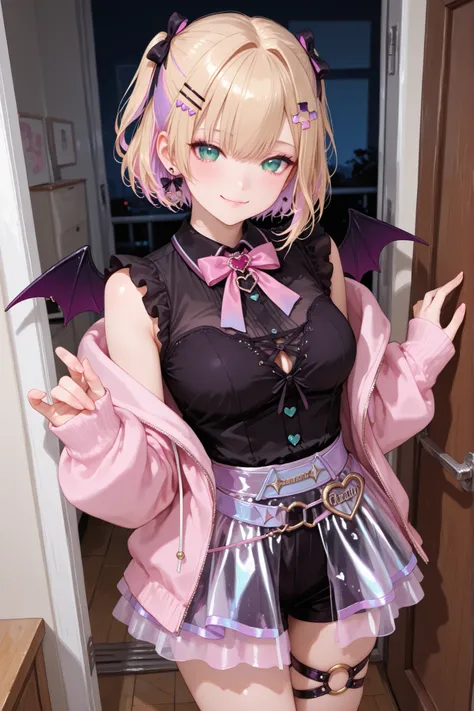 1girl, Kurumi Noah, short hair, two sides up, hair ribbons, hair clip, black shirt, ruffles, sleeveless, pink bow tie, pink jacket, fingerless clothing, sheer skirt, black shorts under skirt, thigh strap with O-ring, demon wings, mini wings, standing, in r...