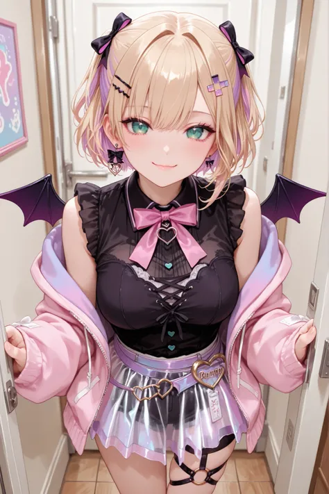 1girl, Kurumi Noah, short hair, two sides up, hair ribbons, hair clip, black shirt, ruffles, sleeveless, pink bow tie, pink jacket, fingerless clothing, sheer skirt, black shorts under skirt, thigh strap with O-ring, demon wings, mini wings, standing, in r...