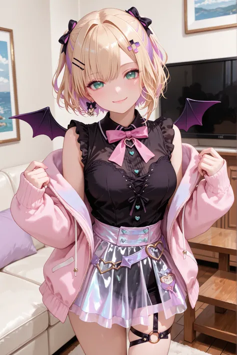 1girl, Kurumi Noah, short hair, two sides up, hair ribbons, hair clip, black shirt, ruffles, sleeveless, pink bow tie, pink jacket, fingerless outfit, sheer skirt, black shorts under skirt, thigh strap with O-ring, demon wings, mini wings, standing, home, ...