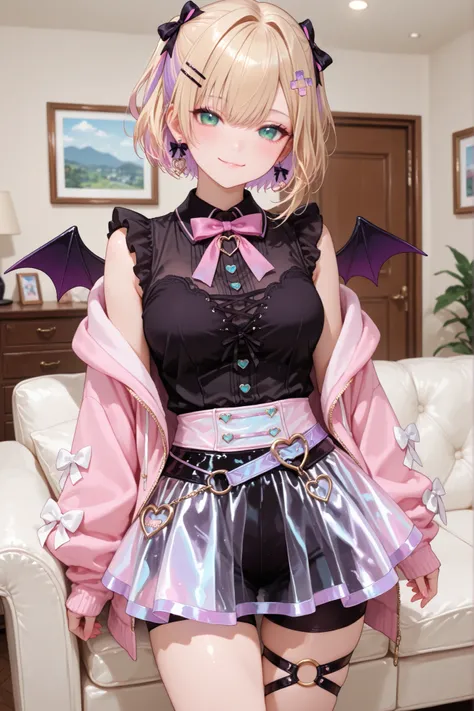1girl, Kurumi Noah, short hair, two sides up, hair ribbons, hair clip, black shirt, ruffles, sleeveless, pink bow tie, pink jacket, fingerless outfit, sheer skirt, black shorts under skirt, thigh strap with O-ring, demon wings, mini wings, standing, home, ...