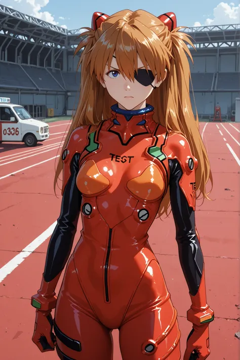 1 girl, Asuka Langley, test suit, high collar, tight-fitting, armband, test suit, headset with interface, eye patch, hair between eyes, two sides up, blue eyes, helmet, long hair, multicolored clothing, pilot suit, outdoors, training ground, upset expressi...