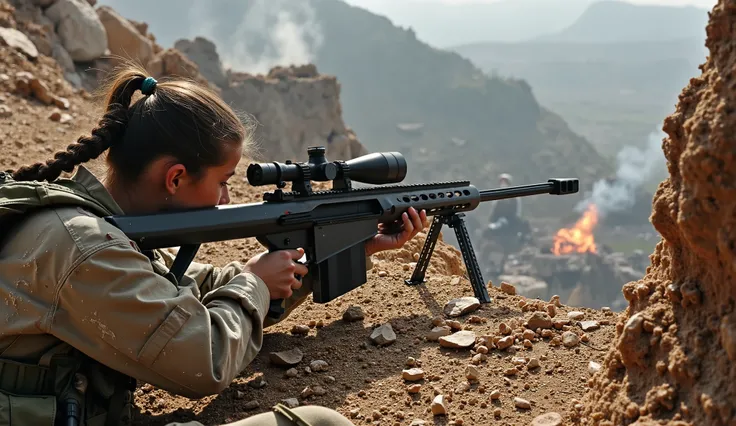 In a photographic, realistic, powerful overhead view, a young girl soldier is in a prone firing position in a rocky, sandbagged trench position, aiming her rifle downward at an enemy below a cliff with a Barrett M82 rifle. Behind her, the battlefield ruins...
