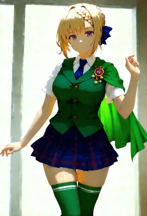 perthKC,short hair, school uniform, hair ribbon, white shirt, braid, short sleeves, pleated skirt,hair bun, blue skirt, plaid skirt, blue necktie, badge, green vest, braided bun, braided bangs, green thighhighs, green cape,