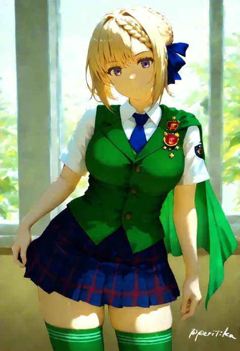 perthKC,short hair, school uniform, hair ribbon, white shirt, braid, short sleeves, pleated skirt,hair bun, blue skirt, plaid skirt, blue necktie, badge, green vest, braided bun, braided bangs, green thighhighs, green cape,