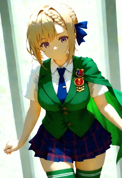 perthKC,short hair, school uniform, hair ribbon, white shirt, braid, short sleeves, pleated skirt,hair bun, blue skirt, plaid skirt, blue necktie, badge, green vest, braided bun, braided bangs, green thighhighs, green cape,