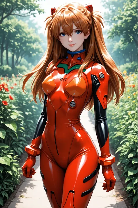 1 girl, Souryu Asuka Langley, test suit, high collar, tight-fitting, armband, test suit, hair between the eyes, two sides up, blue eyes, long hair, multi-colored clothing, pilot suit, outdoors, in a garden, smiling, looking at the viewer, very beautiful, a...