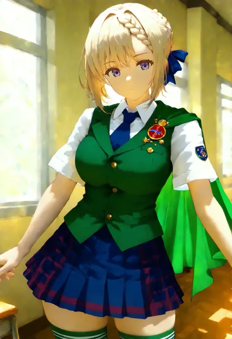 perthKC,short hair, school uniform, hair ribbon, white shirt, braid, short sleeves, pleated skirt,hair bun, blue skirt, plaid skirt, blue necktie, badge, green vest, braided bun, braided bangs, green thighhighs, green cape,