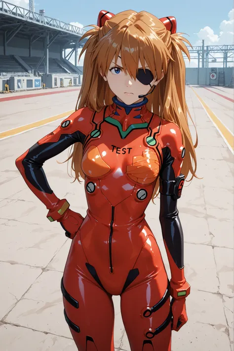 1 girl, Asuka Langley, test suit, high collar, tight-fitting, armband, test suit, headset with interface, eye patch, hair between eyes, two sides up, blue eyes, helmet, long hair, multicolored clothing, pilot suit, outdoors, training ground, upset expressi...