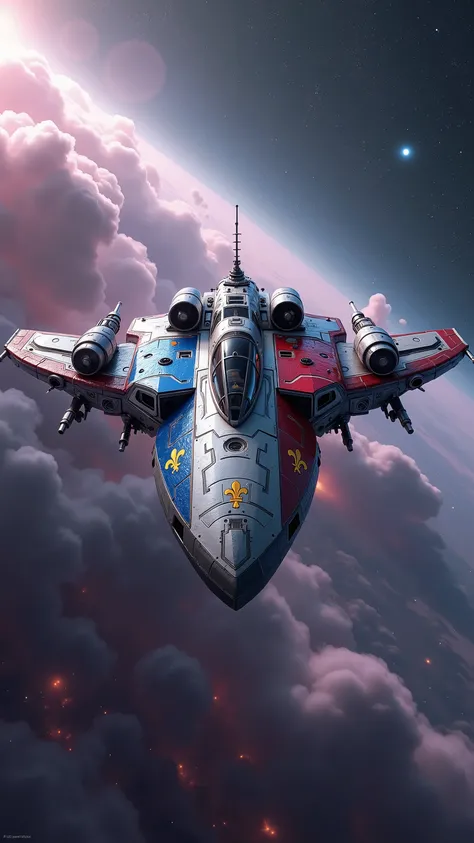 A tri-colored French space vessel elegantly glides through a starfield laced with pastel-colored gas clouds. The hull is divided into blue, white, and red vertical stripes like the French flag, with golden fleur-de-lis patterns etched subtly on its wings. ...