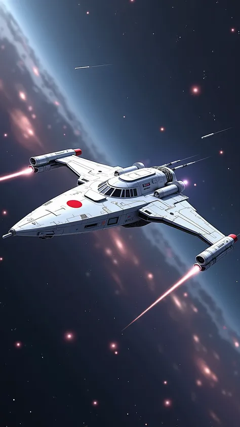 A minimalist Japanese space cruiser glides gracefully through a calm, starlit galaxy. Its pure white body features a large glowing red circle representing the Hinomaru. Floating through a soft blue and pink nebula, the ship is trailed by delicate cherry bl...