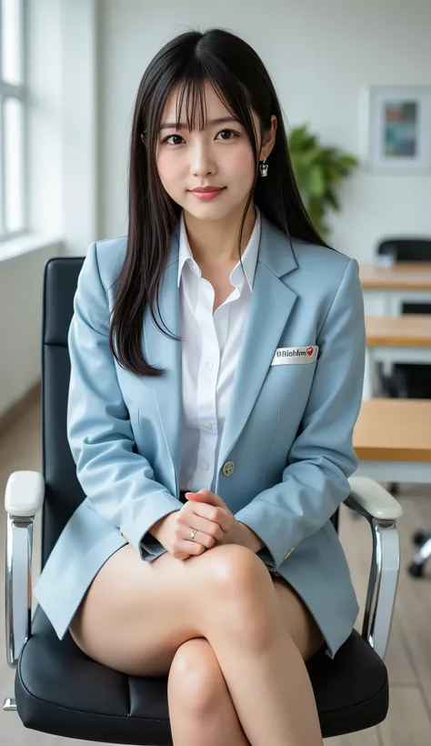 (full body image:1.5), (From the top of her head to the tips of her feet :1.5), (Beautiful leg line from thighs to high heels:1.5), Sleek long black hair , Professional Office Lady with Long Dark Hair, is sitting in a chair with her legs crossed, The heig...