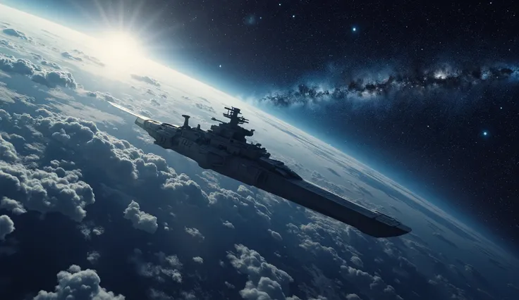 最high quality、high quality、space battleship Yamato and Andromeda galaxy high definition 8k wallpaper、Space Battleship YamatoからViews from Earth's Atmosphere、Watch Ryu Star、photorealistic、Extremely Detailed Atmospheric Scenery、complicated、high detail、univers...