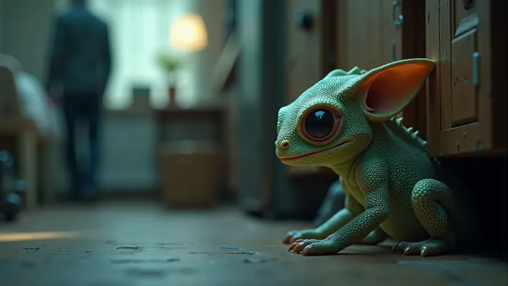 Capture a cinematic close-up of a small extraterrestrial creature blending seamlessly into the surroundings, its unique features allowing it to remain undetected. The alien, with chameleon-like textures and faintly glowing bioluminescent patterns, is hidde...