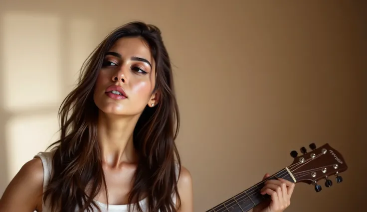 a pretty girl is singing and playing guitar, eyes opening