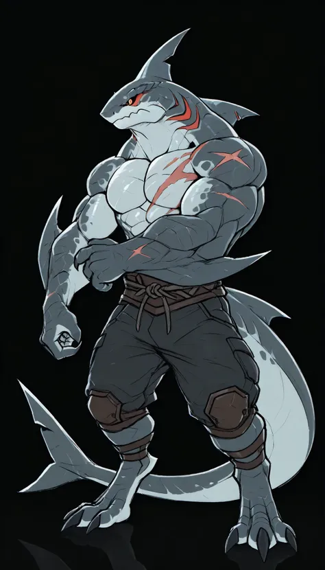sharkman, anthro megalodon, darker hands and fins, solo, big arms, bara, detailed skin, lizard shark hybrid, anthro, closed mouth, polynesian tattoos, tattoos covering arm and shoulder, detailed scalie skin, scalie arms, fins on arms, gray color body, beef...