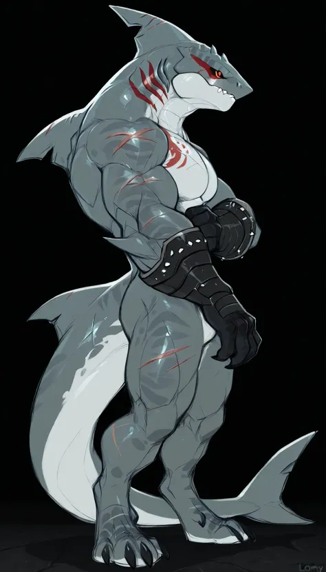 sharkman, anthro megalodon, darker hands and fins, solo, big arms, bara, detailed skin, lizard shark hybrid, anthro, closed mouth, polynesian tattoos, tattoos covering arm and shoulder, detailed scalie skin, scalie arms, fins on arms, gray color body, beef...