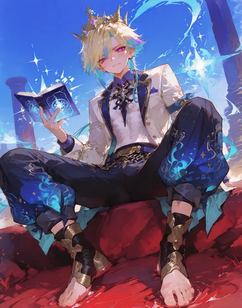 young slim athletic manly boy, smooth glowing fair skin, unique messy layered hair split into pure white with neatly trimmed undercut, side-swept bangs partly covering one eye, sharp dreamy eyes matching the colors of his hair, wearing glossy combat holog...