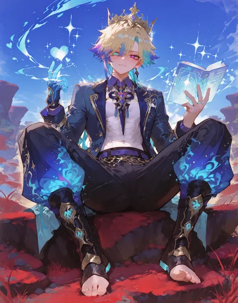 young slim athletic manly boy, smooth glowing fair skin, unique messy layered hair split into pure white with neatly trimmed undercut, side-swept bangs partly covering one eye, sharp dreamy eyes matching the colors of his hair, wearing glossy combat holog...