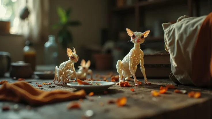 Illustrate a cinematic depiction of small-sized extraterrestrial creatures living undetected among humans. These alien beings possess unique, chameleon-like features, allowing them to camouflage seamlessly into everyday environments—hiding in plain sight a...
